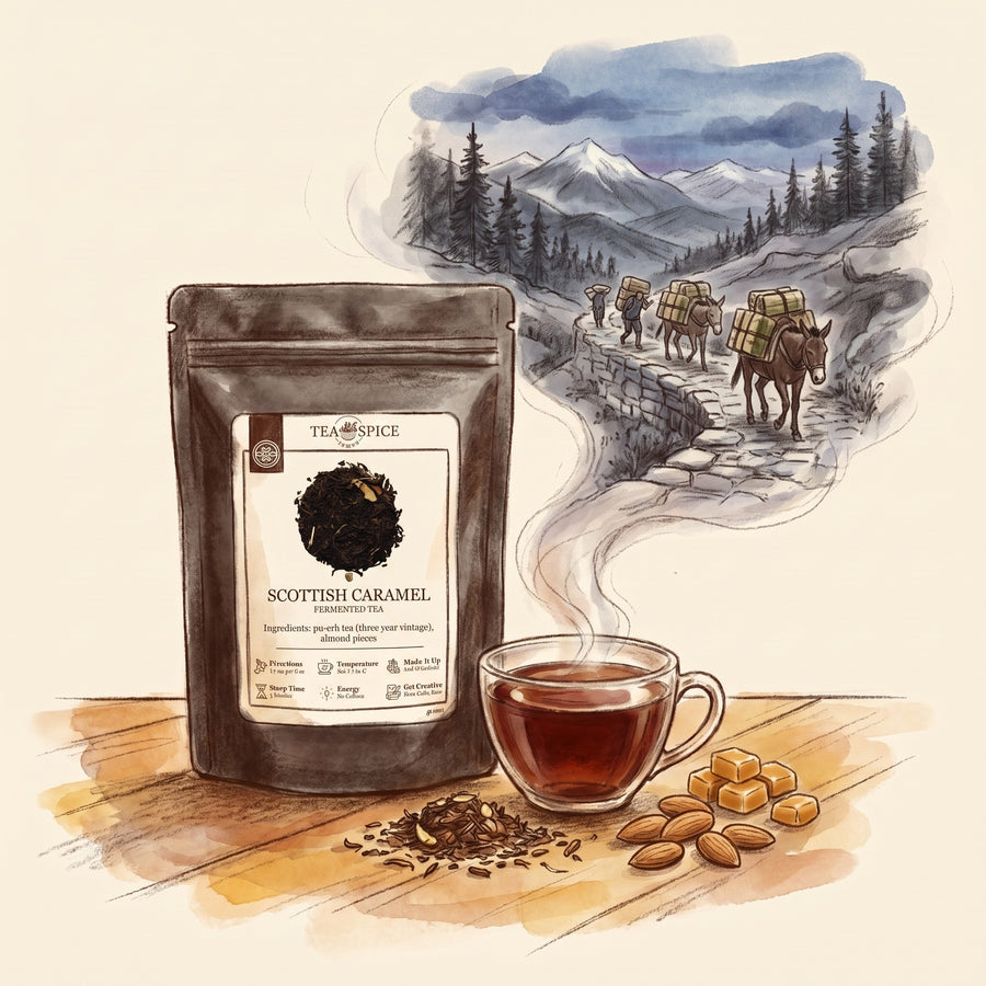 Illustration of Scottish Caramel, Pu-erh, Three-Year Vintage, in The Tea & Spice Shoppe pouch, with the Tea Horse Road in Yunnan long ago