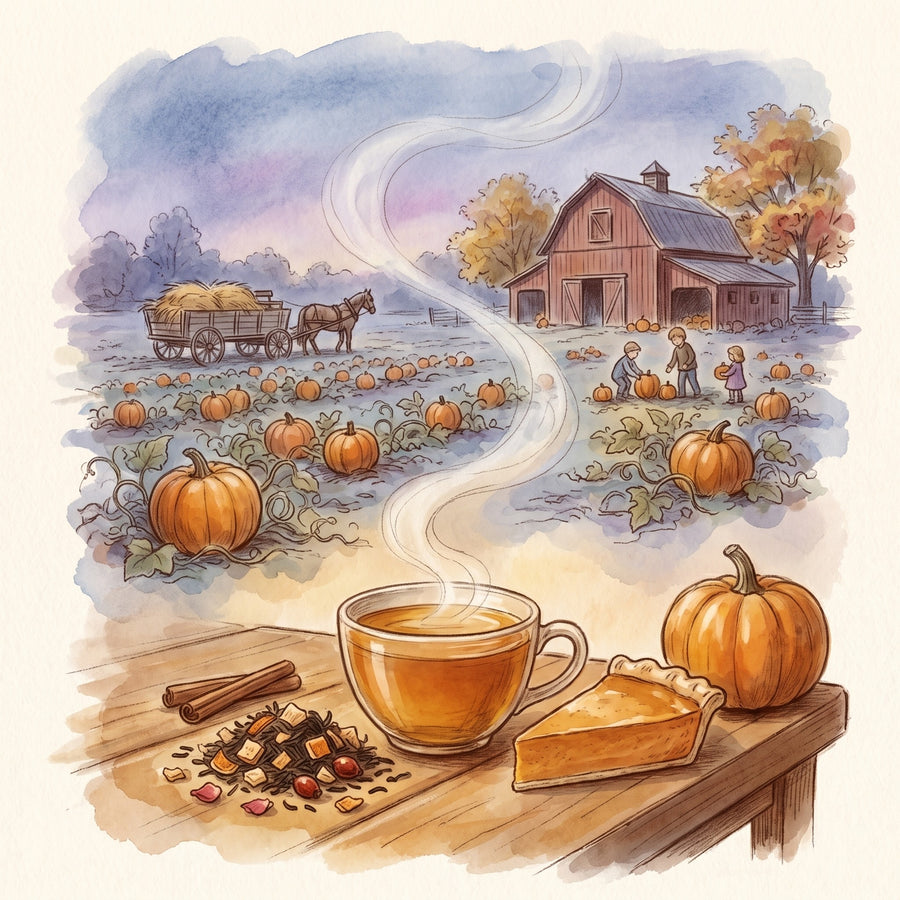 Illustration: Pumpkin Patch, Organic with a farm pumpkin patch in October long ago