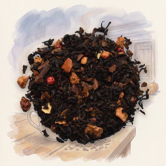 Pumpkin Spice Chai loose leaf tea, shown over a chalk-and-watercolour illustration