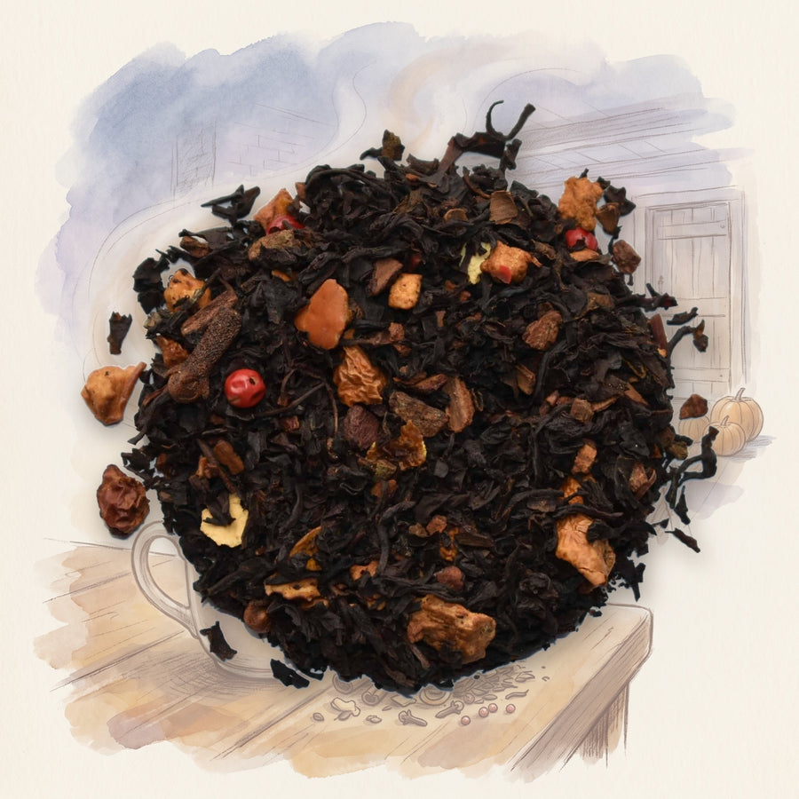 Pumpkin Spice Chai loose leaf tea, shown over a chalk-and-watercolour illustration
