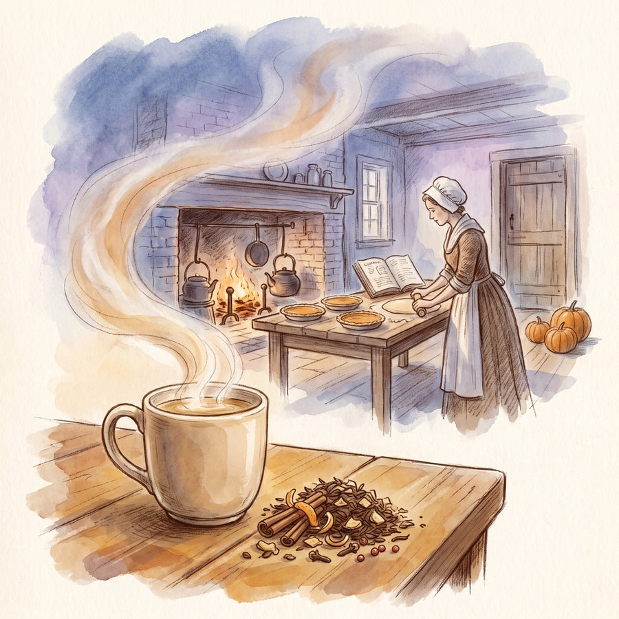 Illustration: Pumpkin Spice Chai with a Connecticut farmhouse kitchen in the 1790s
