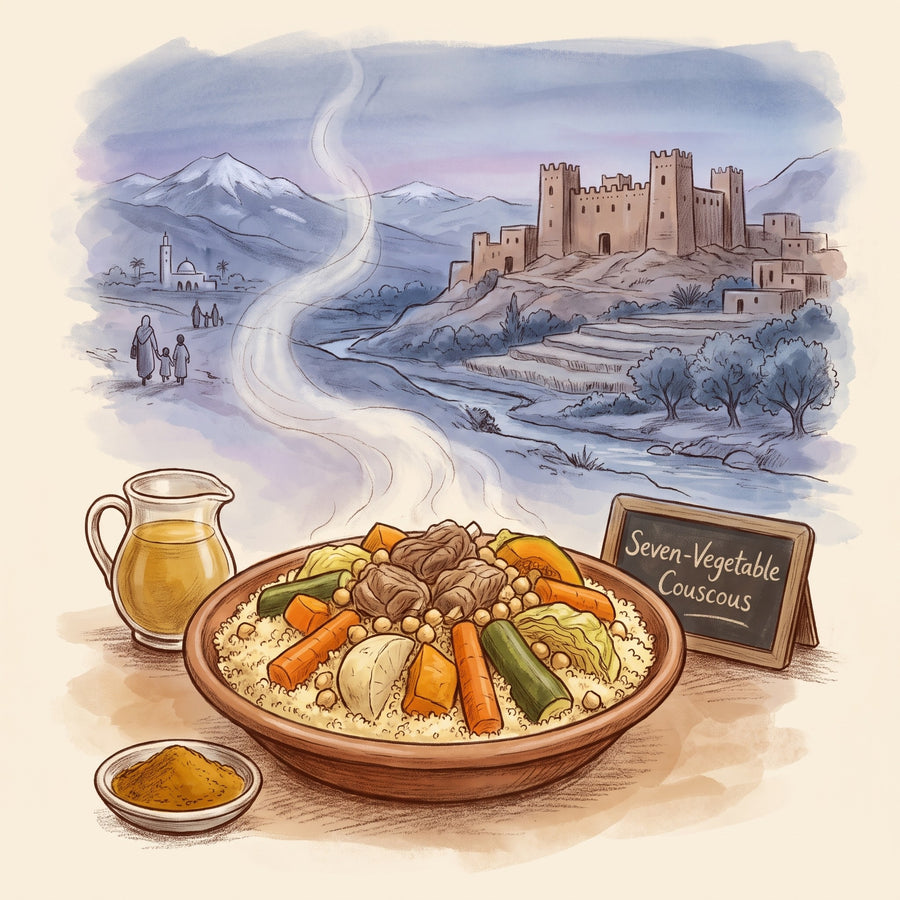 Illustration: Seven-Vegetable Couscous, made with Ras El Hanout