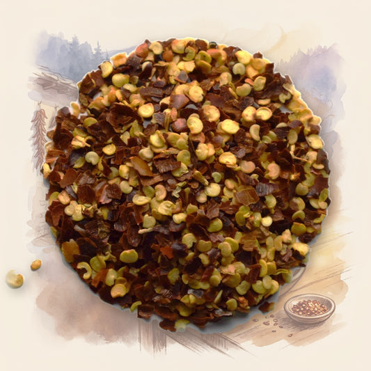 Red Chile Flakes spice, shown over a chalk-and-watercolour illustration