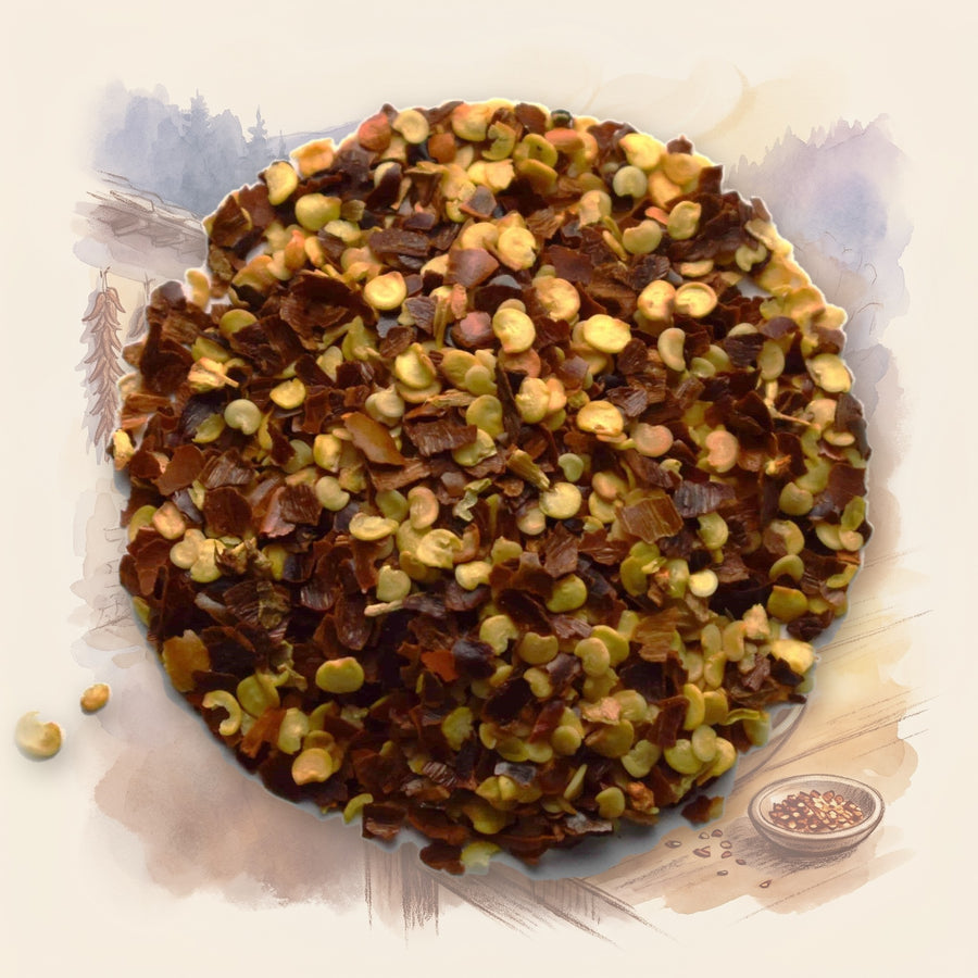 Red Chile Flakes spice, shown over a chalk-and-watercolour illustration