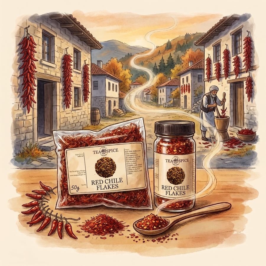 Illustration of Red Chile Flakes in The Tea & Spice Shoppe bag and jar, with the village of Bukovo near Bitola in North Macedonia in autumn