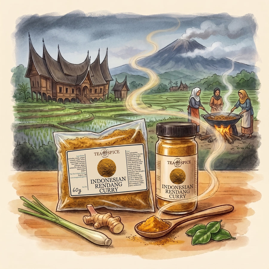 Illustration of Indonesian Rendang Curry Powder in The Tea & Spice Shoppe bag and jar, with the Minangkabau highlands of West Sumatra
