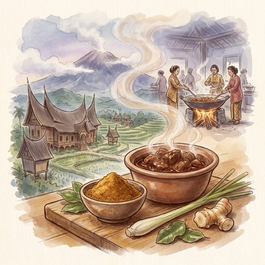 Illustration: Indonesian Rendang Curry Powder with the Minangkabau highlands of West Sumatra