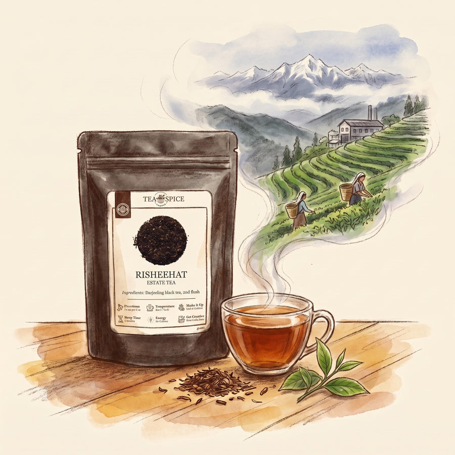 Illustration of Risheehat Estate, 2nd Flush (Darjeeling) in The Tea & Spice Shoppe pouch, with the Eastern Valley of the Darjeeling hills in early summer