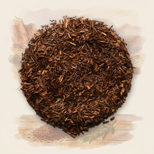 Rooibos, Organic loose leaf tea, shown over a chalk-and-watercolour illustration