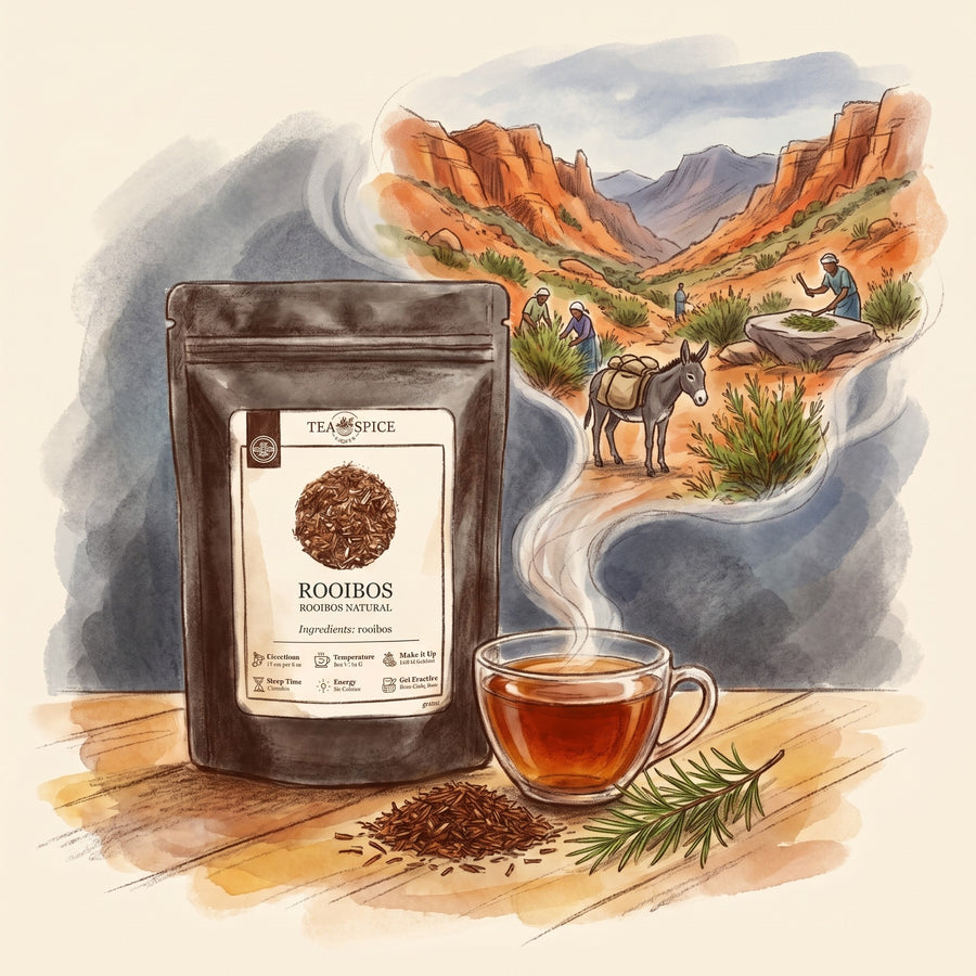 Illustration of Rooibos, Organic in The Tea & Spice Shoppe pouch, with the Cederberg mountains of South Africa long ago