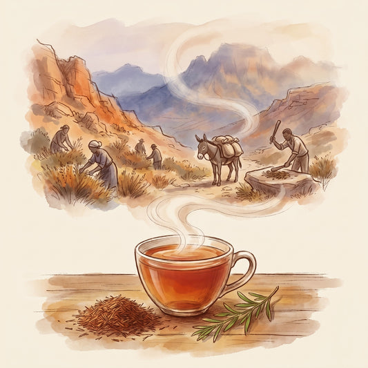 Illustration: Rooibos, Organic with the Cederberg mountains of South Africa long ago