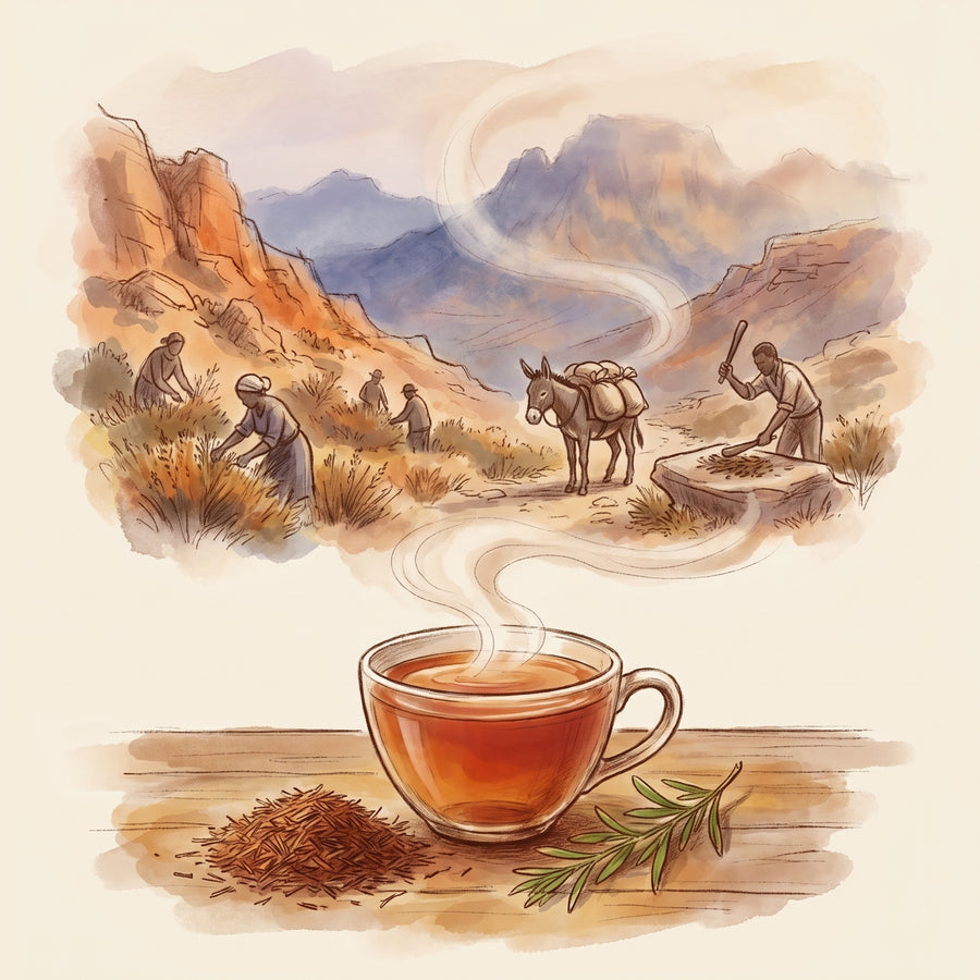 Illustration: Rooibos, Organic with the Cederberg mountains of South Africa long ago