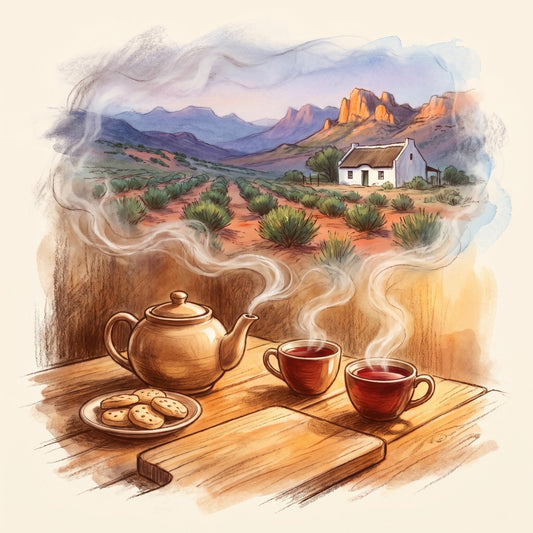 Illustration: Rooibos Tea Set: 5 Dessert Teas, a teapot and cookies, the Cederberg rooibos fields beyond