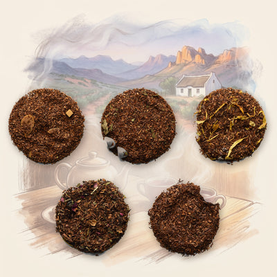 Rooibos Tea Set: 5 Dessert Teas: Butter Toffee, Mint Chocolate, Belgian Chocolate, Strawberries 'n' Cream, Organic and Bourbon Vanilla, shown over a chalk-and-watercolour illustration