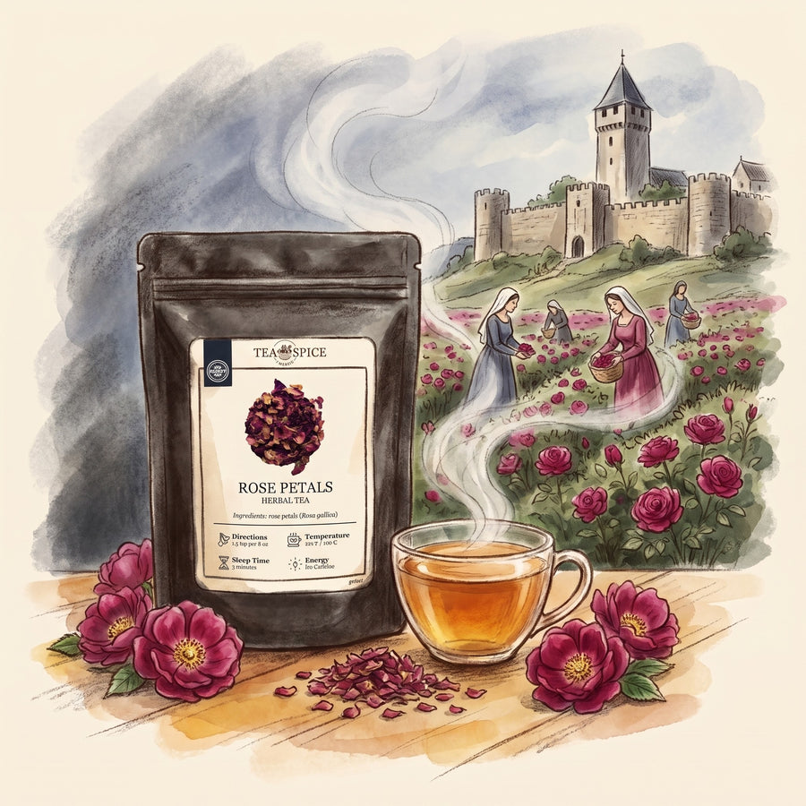 Illustration of Rose Petals, Organic in The Tea & Spice Shoppe pouch, with the medieval town of Provins in Champagne