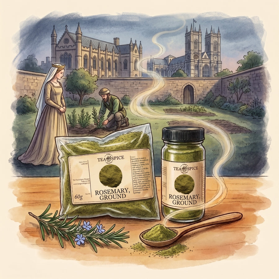 Illustration of Rosemary, Ground in The Tea & Spice Shoppe bag and jar, with the garden of the old Palace of Westminster in 1338