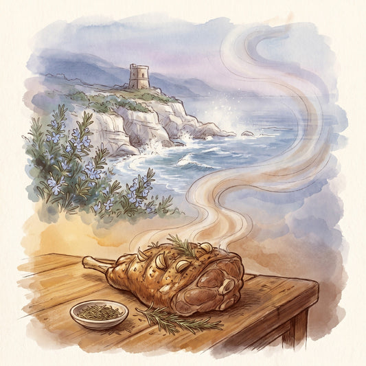 Illustration: Rosemary, Whole with the Mediterranean sea cliffs that gave rosemary its name
