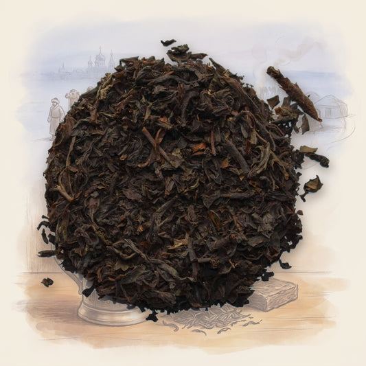 Russian Caravan, Organic loose leaf tea, shown over a chalk-and-watercolour illustration