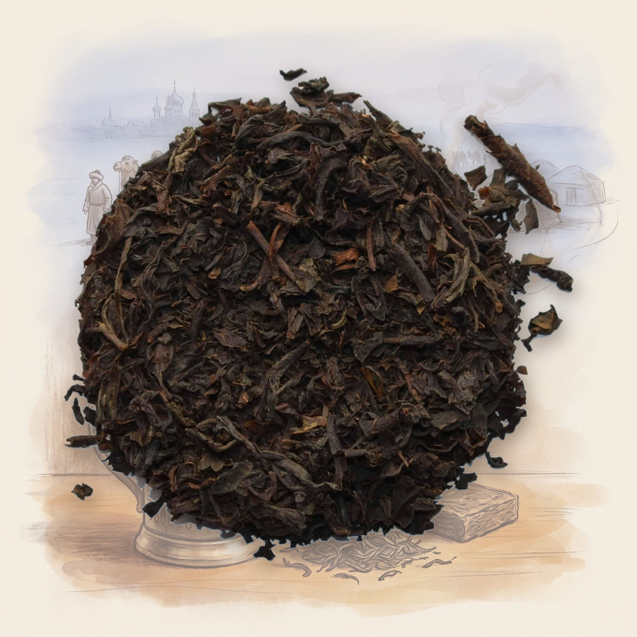 Russian Caravan, Organic loose leaf tea, shown over a chalk-and-watercolour illustration