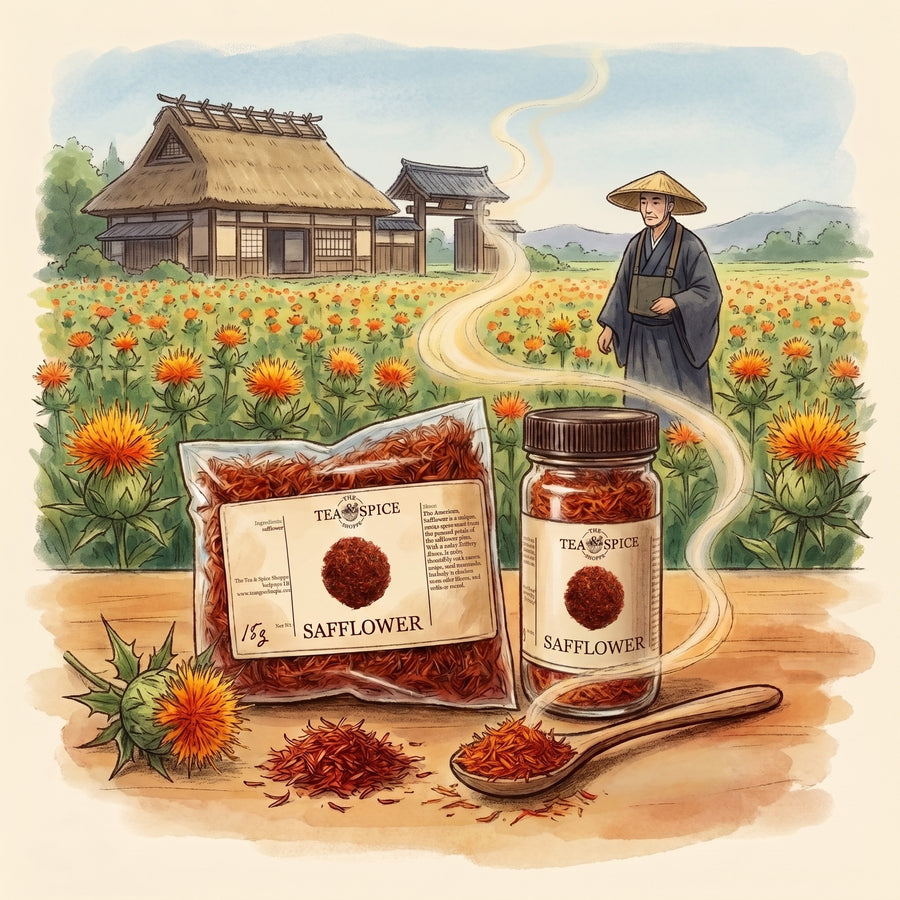 Illustration of Safflower, American in The Tea & Spice Shoppe bag and jar, with Obanazawa in Japan's Mogami valley in the summer of 1689