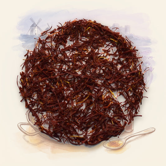 Saffron, Spanish spice, shown over a chalk-and-watercolour illustration