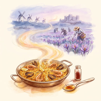 Illustration: Saffron, Spanish with the plains of La Mancha near Consuegra at dawn in autumn
