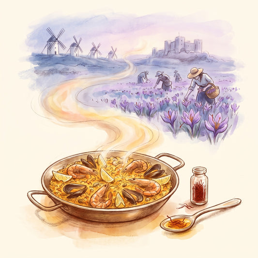 Illustration: Saffron, Spanish with the plains of La Mancha near Consuegra at dawn in autumn