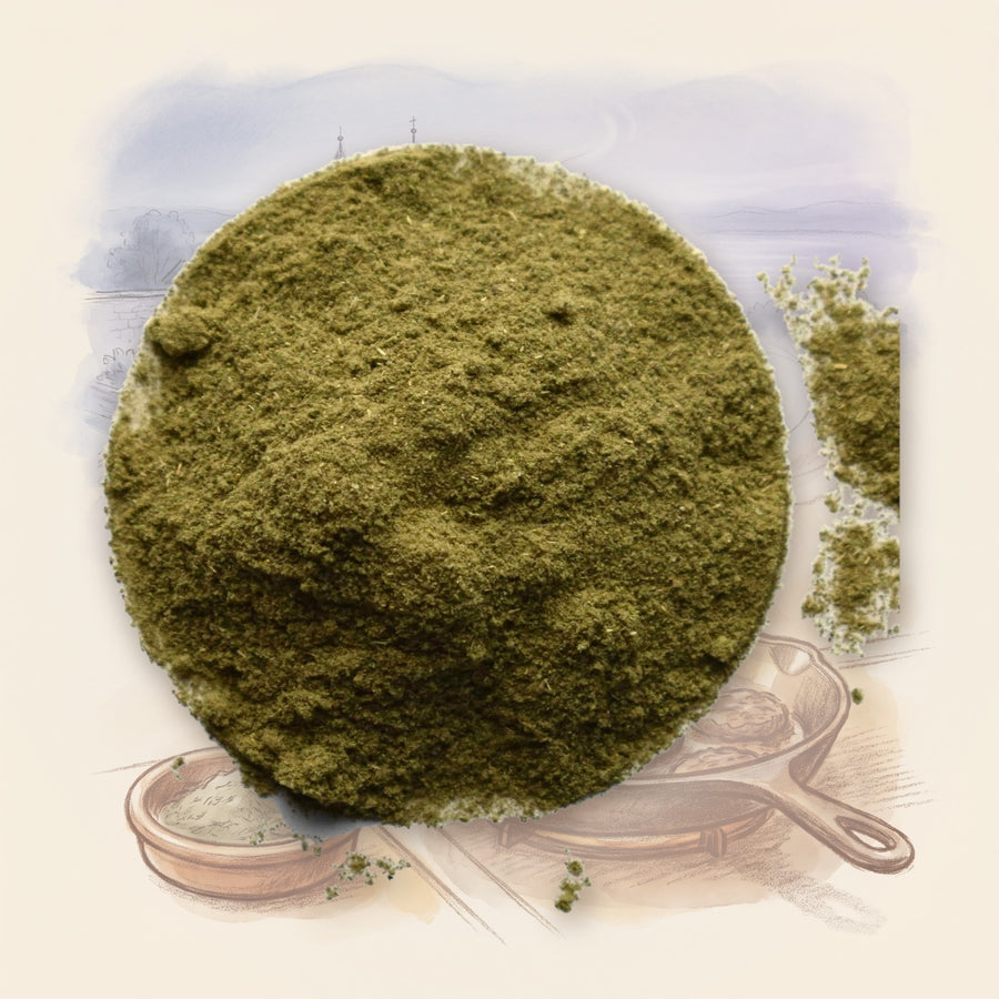 Sage, Ground spice, shown over a chalk-and-watercolour illustration