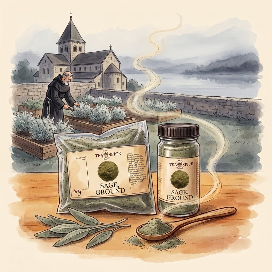 Illustration of Sage, Ground in The Tea & Spice Shoppe bag and jar, with the island monastery of Reichenau on Lake Constance in the 800s