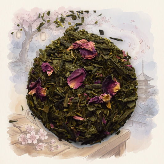 Sakura Cherry Blossom, Organic loose leaf tea, shown over a chalk-and-watercolour illustration