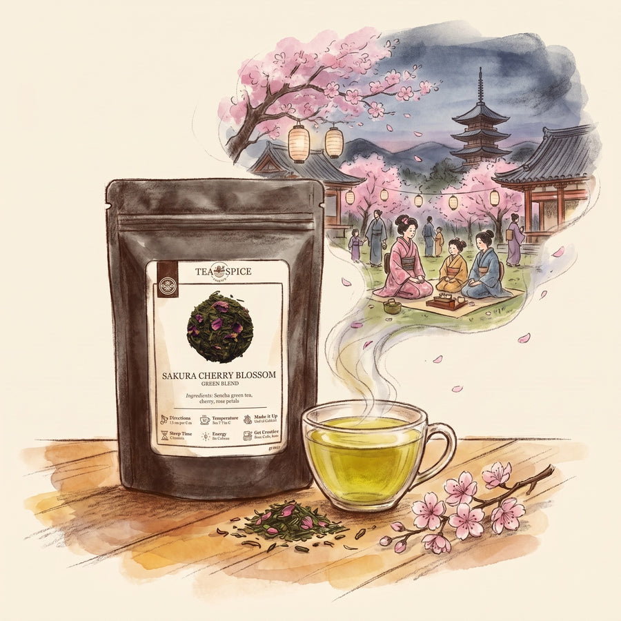 Illustration of Sakura Cherry Blossom, Organic in The Tea & Spice Shoppe pouch, with a hanami picnic in Edo-period Kyoto