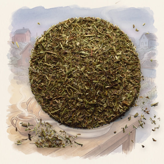 Savory, Coarse spice, shown over a chalk-and-watercolour illustration