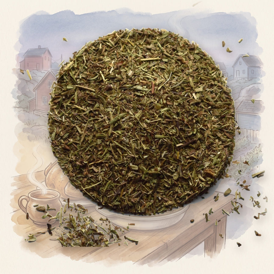 Savory, Coarse spice, shown over a chalk-and-watercolour illustration