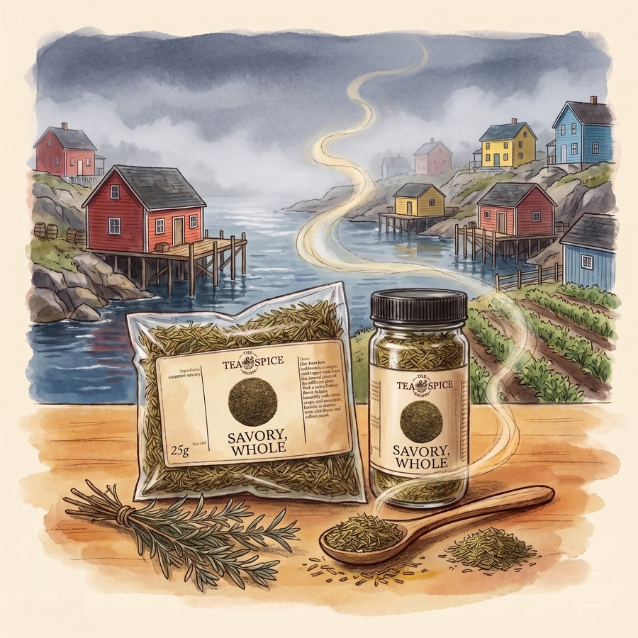Illustration of Savory, Coarse in The Tea & Spice Shoppe bag and jar, with a Newfoundland outport harbour