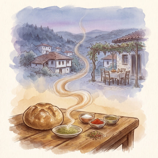 Illustration: Savory, Ground with a Bulgarian village in the Balkan Mountains