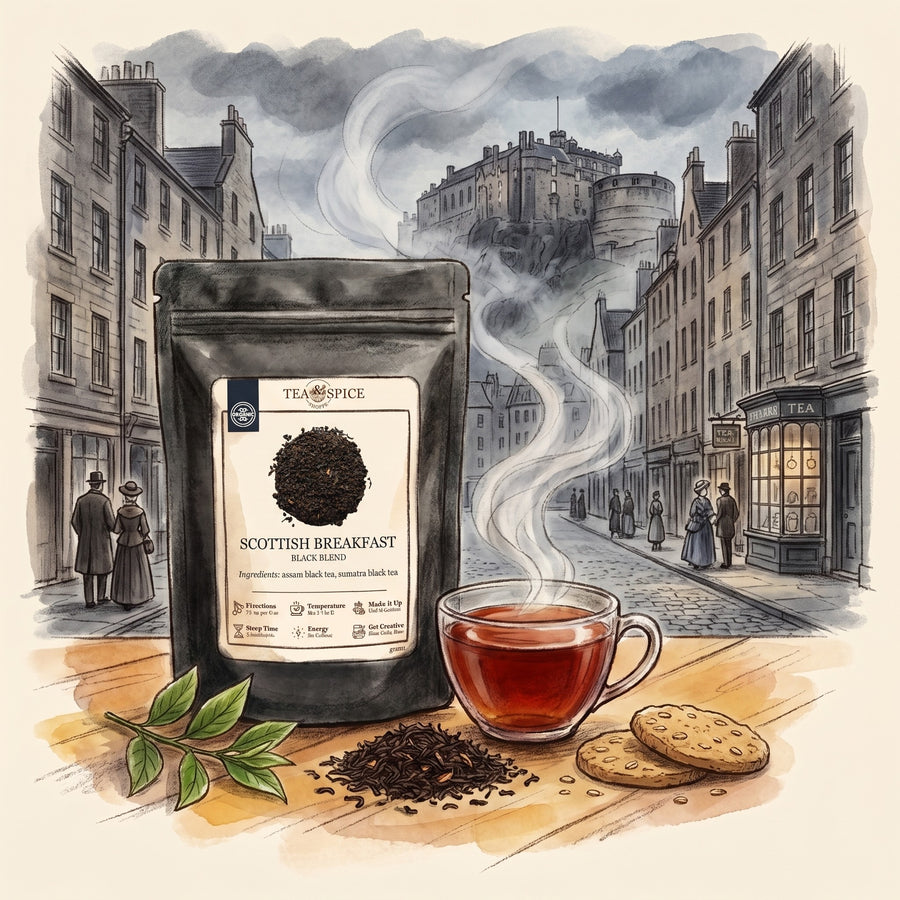 Illustration of Scottish Breakfast in The Tea & Spice Shoppe pouch, with Edinburgh's Old Town on a morning in the 1890s