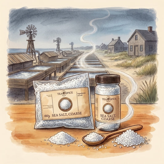 Illustration of Sea Salt, Coarse in The Tea & Spice Shoppe bag and jar, with the shore of Dennis, Cape Cod, in the early 1800s