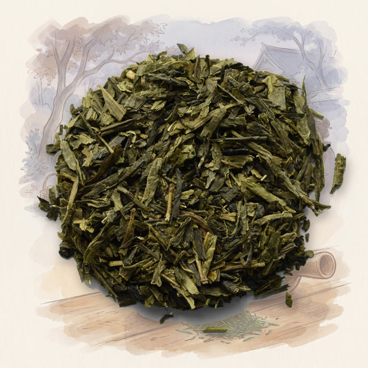 Sencha, Organic loose leaf tea, shown over a chalk-and-watercolour illustration