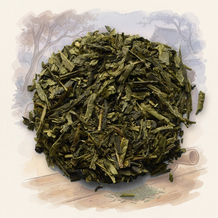 Sencha, Organic loose leaf tea, shown over a chalk-and-watercolour illustration