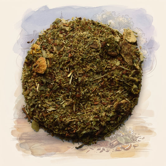 Serenity Now! loose leaf tea, shown over a chalk-and-watercolour illustration