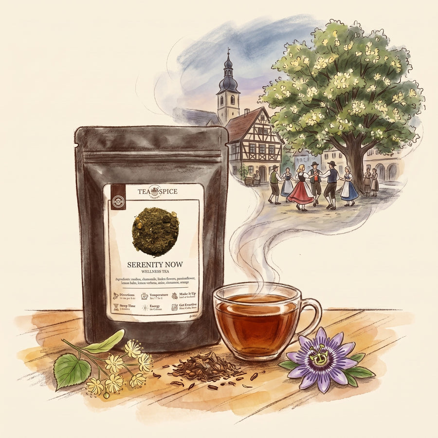 Illustration of Serenity Now! in The Tea & Spice Shoppe pouch, with a German village square long ago on a summer evening