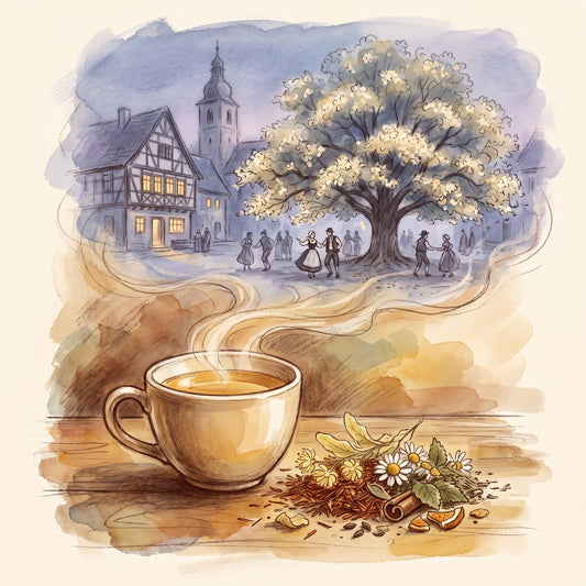 Illustration: Serenity Now! with a German village square long ago on a summer evening