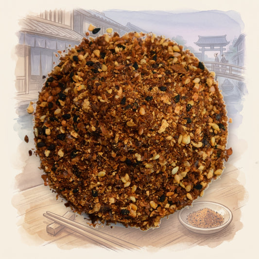 Shichimi Togarashi (Seven Spice) spice, shown over a chalk-and-watercolour illustration