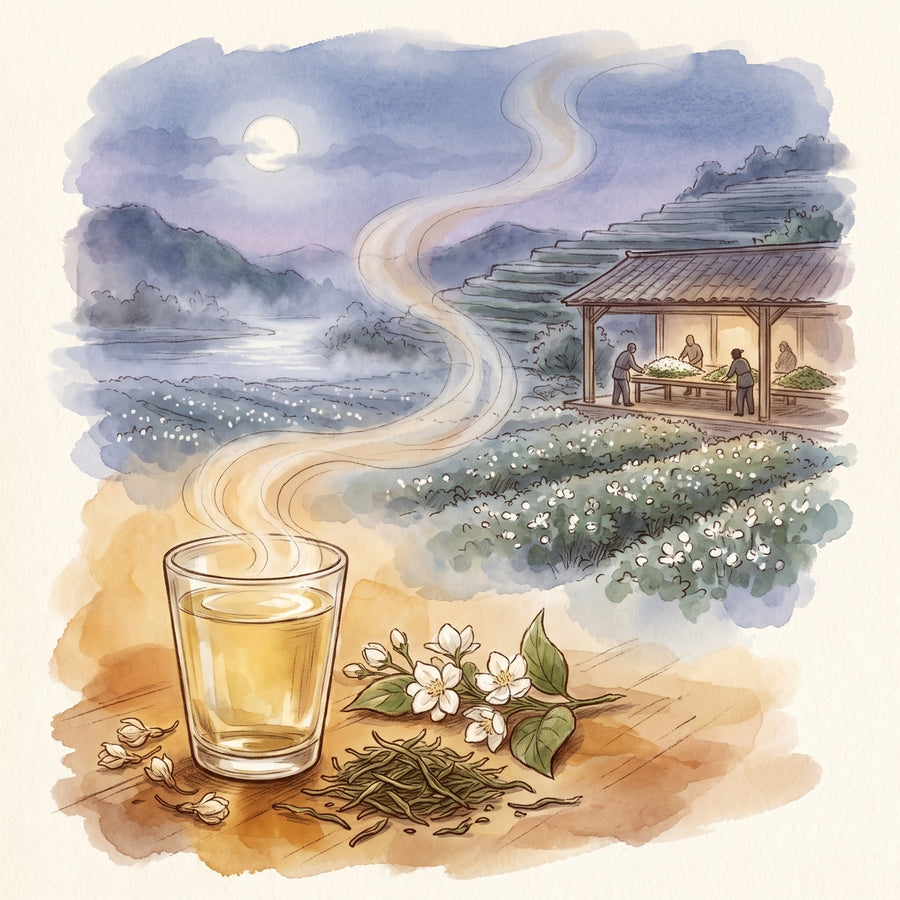Illustration: Silk Dragon Jasmine, Organic with Fuzhou in Fujian on a summer night