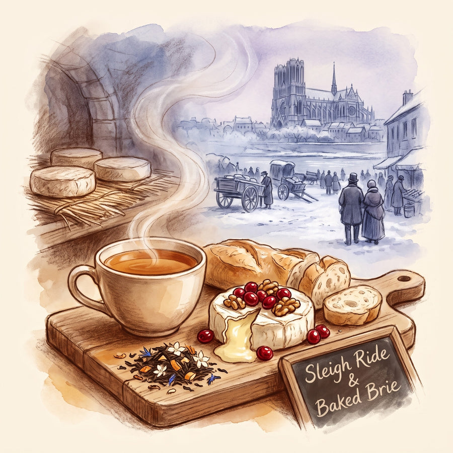 Illustration: a cup of Sleigh Ride tea with baked Brie and cranberries