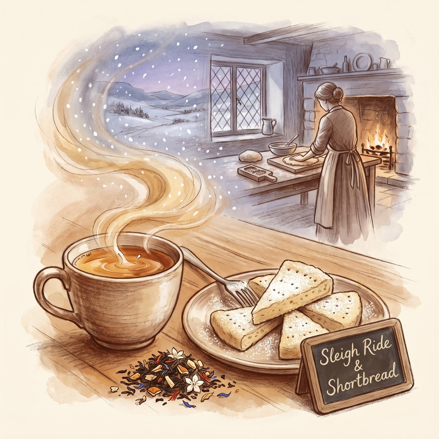 Illustration: a cup of Sleigh Ride tea with shortbread