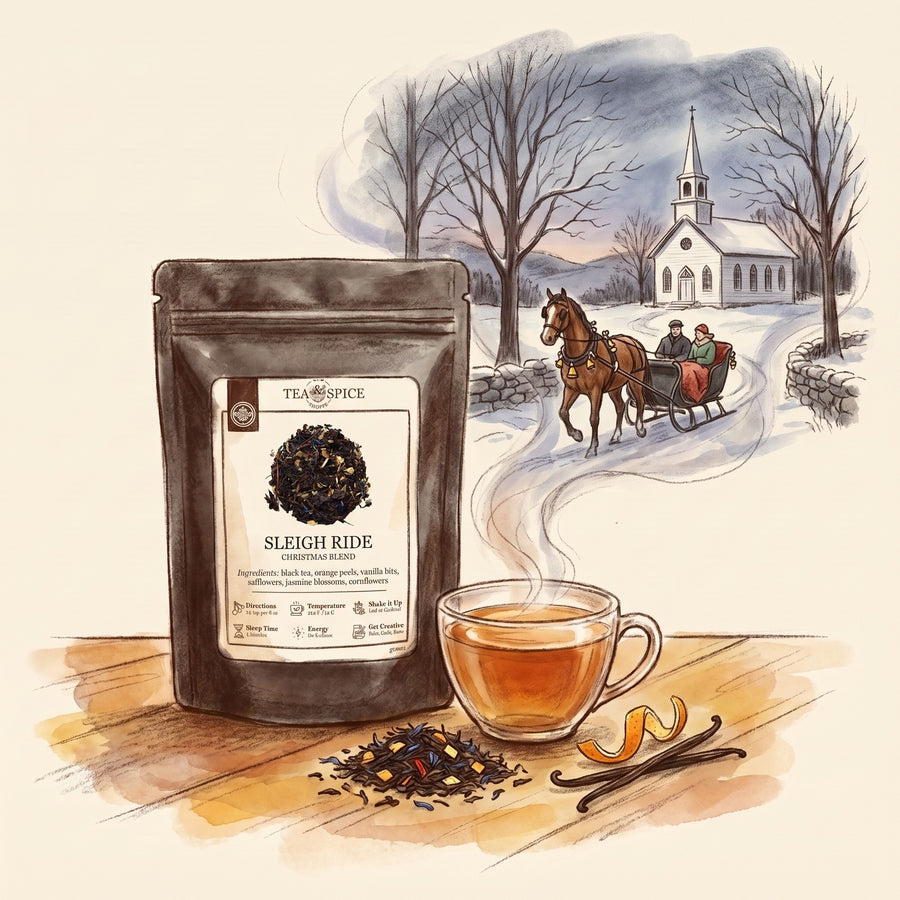 Illustration of Sleigh Ride in The Tea & Spice Shoppe pouch, with a New England country road in winter in the late 1940s