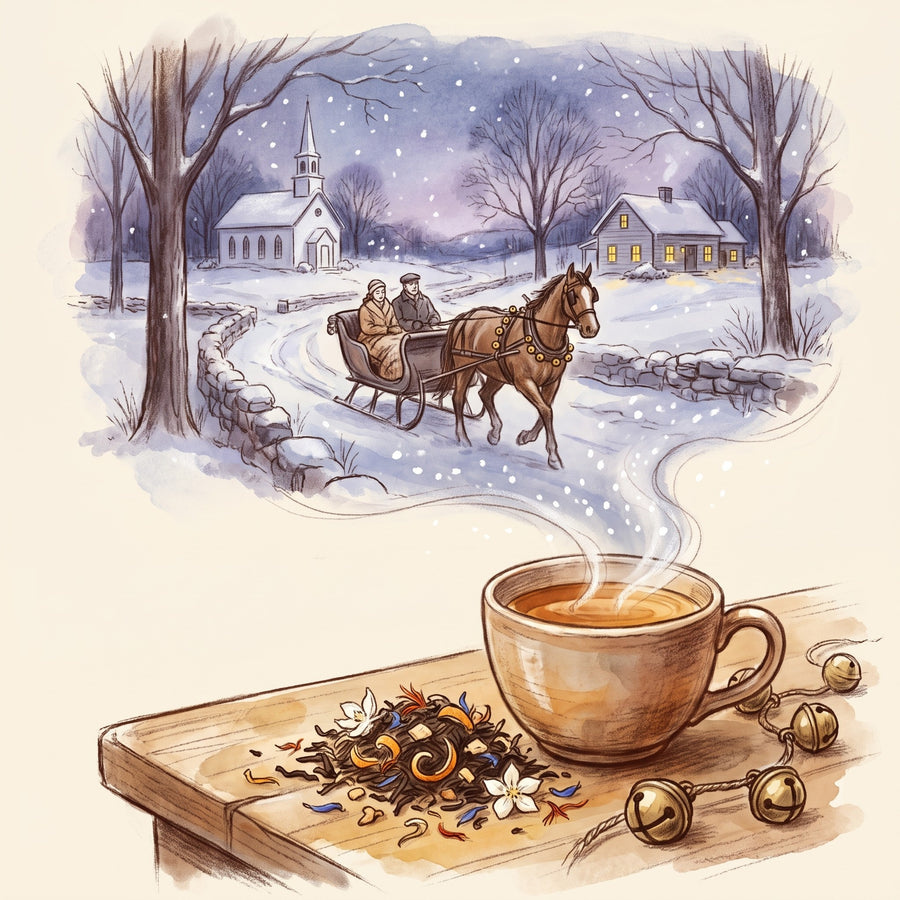 Illustration: Sleigh Ride with a New England country road in winter in the late 1940s