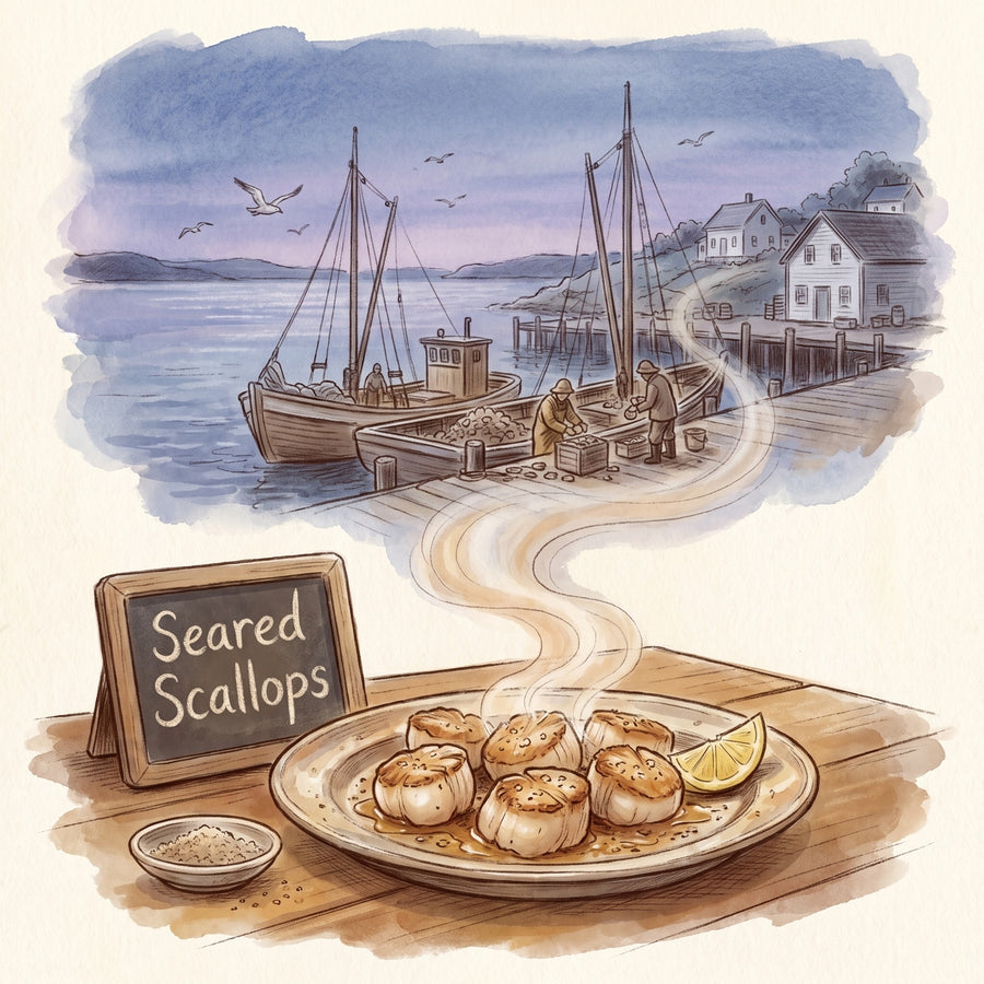 Illustration: Seared Scallops, made with Smoked Applewood Sea Salt