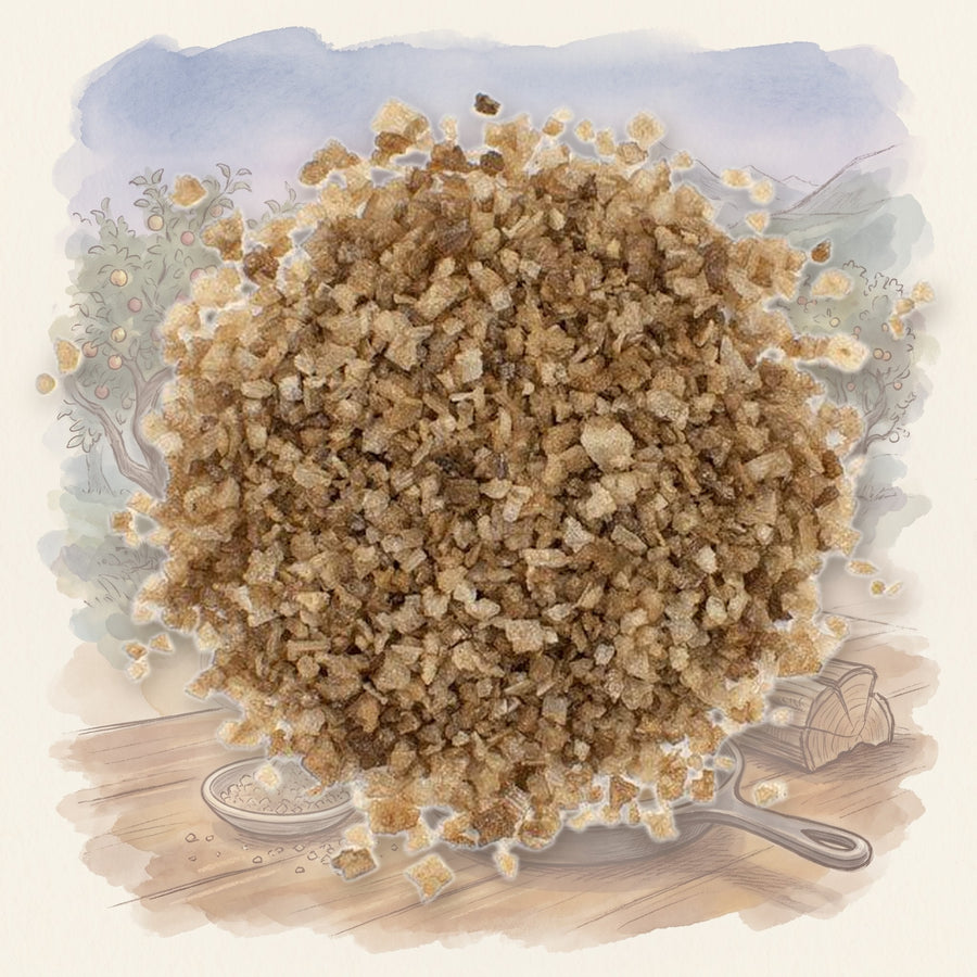 Smoked Applewood Sea Salt spice, shown over a chalk-and-watercolour illustration